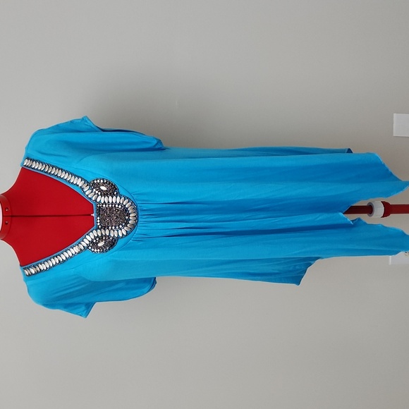 White Mark Couture Collection beaded blue tunic stretch top blouse - Picture 1 of 8